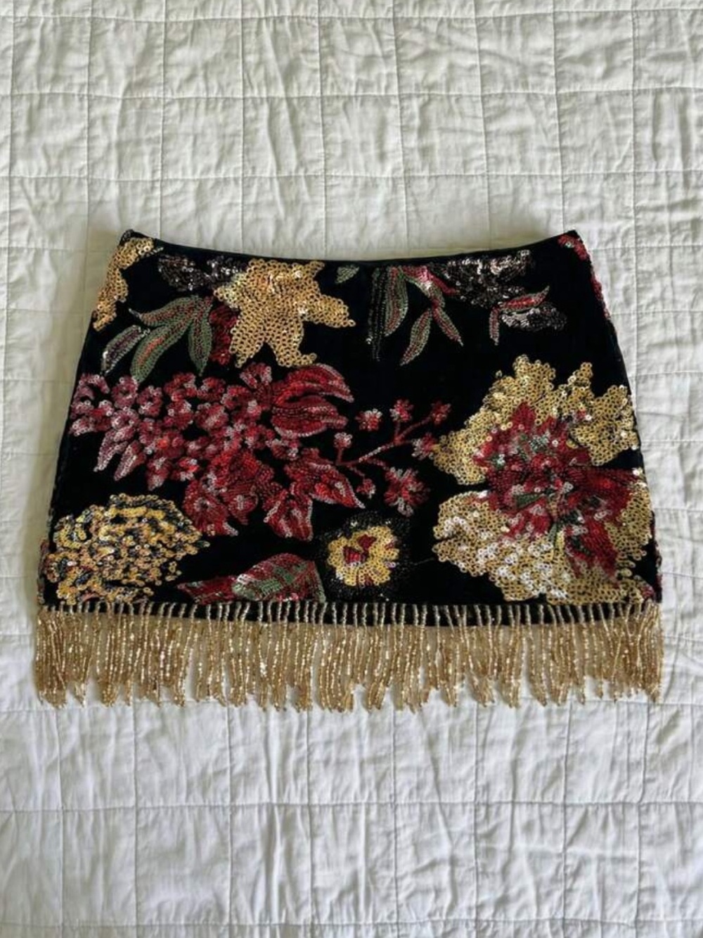 Ovelo Floral Sequin Mini Skirt – Women’s Summer Beaded Tassel Party Skirt